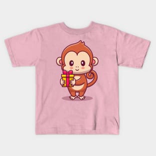 Cute Monkey Holding Gift Kids T-Shirt